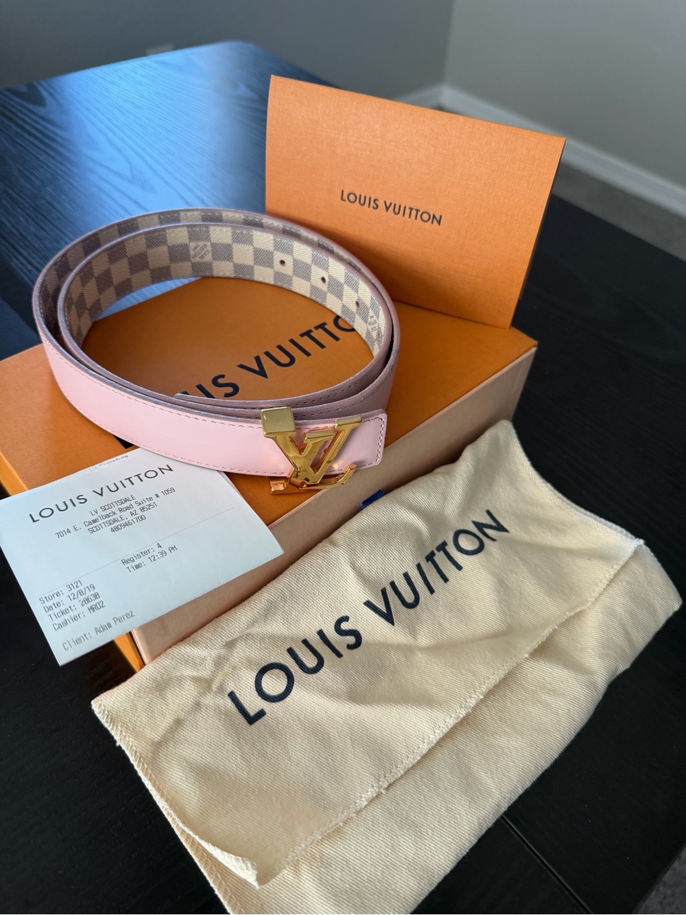 Louis Vuitton Pink Leather Reversible Belt with Gold LV Buckle